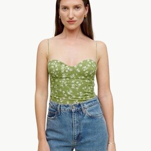 NWT Reformation Liza Floral Corset Smocked Back Tank  | Sz 10 | Scallion Green